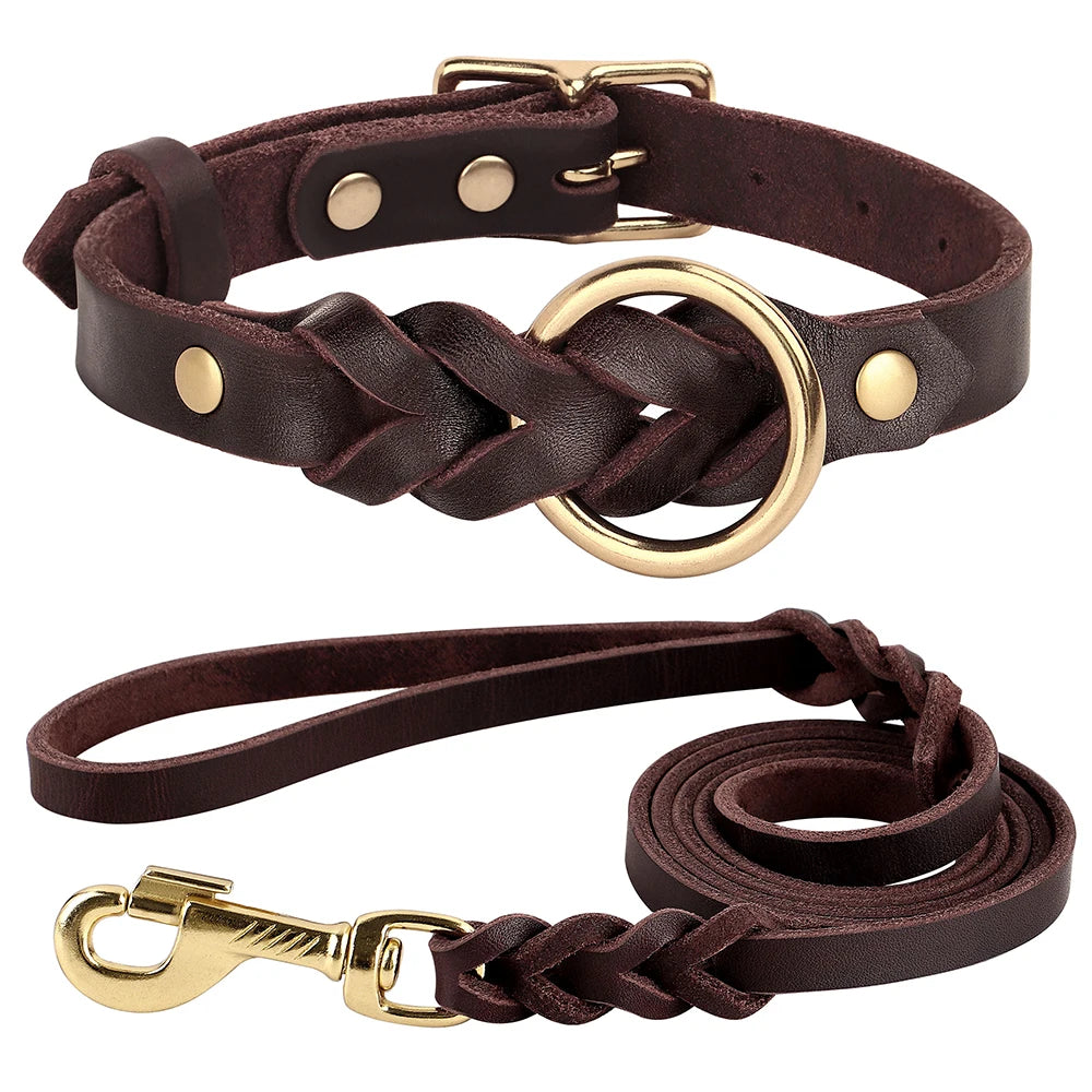 Dog Genuine Leather Collar Leash Set