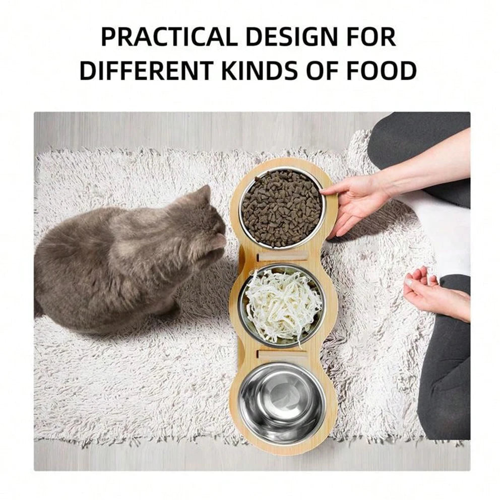 Cat 3 in 1 Wood Bracket Food Bowl