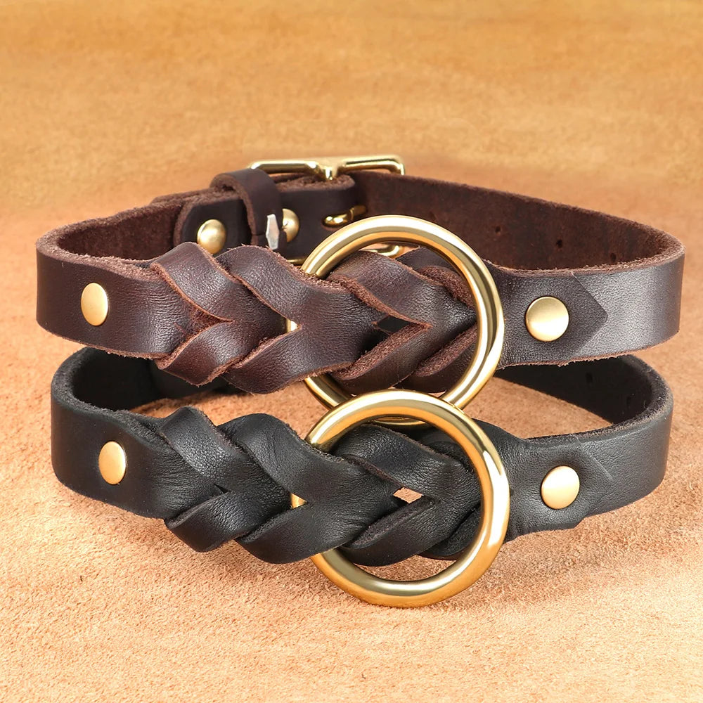 Dog Genuine Leather Collar Leash Set