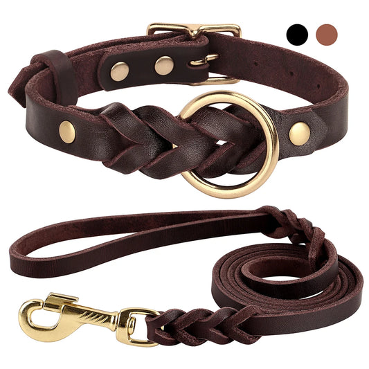 Dog Genuine Leather  Collar Leash Set